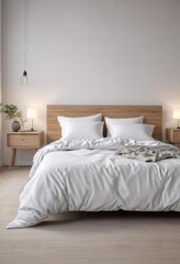 Crisp white sheets, king-sized bed, Scandinavian minimalist room,  home decor,  white