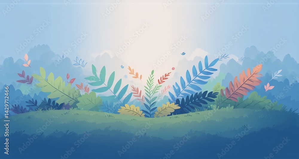 Poster here's a description and keywords for the image: a vibrant illustration of a forest landscape with c