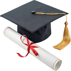 Graduation cap and diploma isolated on transparent background for academic success and celebration designs. Created with Generative AI technology.