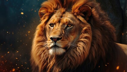 Naklejka premium African Lion Resting on Grassland – Majestic Wild Animal Nature Photo