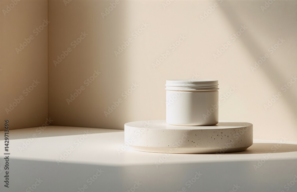 Poster minimalist scene featuring a white container on a round platform against a soft beige backdrop. natu