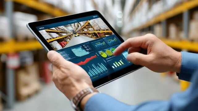 Inventory Analytics in Warehouse: A warehouse worker leverages a digital tablet to analyze real-time inventory data.