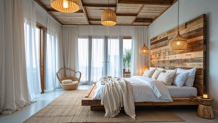 A luxury bedroom interior in a home features a comfortable bed near a window, showcasing contemporary design and soft light