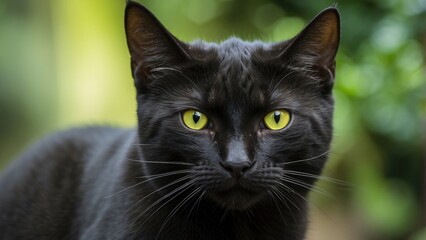 Stunning Black Cat with Bright Yellow Eyes Close-Up