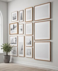 Fototapeta premium Gallery wall mockup; diverse frames, white background, interior design template, pictures
