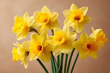 Fototapeta premium Bright yellow daffodils on a warm beige background