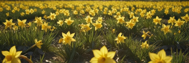 Obraz premium Glistening yellow daffodil petals, sunny field, vibrant blooms , petal, outdoor