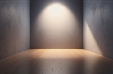 Empty room with textured concrete walls and a wooden floor. A single spotlight illuminates the center, casting shadows.  Minimalist, interior, spotlight.
