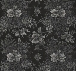 Elegant charcoal small-scale floral wallpaper  Intricate botanical print, seamless repeat , modern, wallpaper, botanical