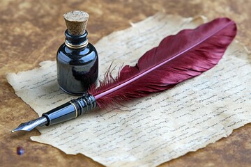 Antique writing implements on aged parchment.  Dark ink in a small bottle, a vibrant quill, and a fountain pen rest on a textured, antique-looking document