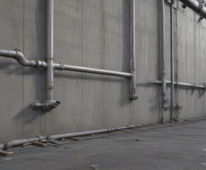 Grey concrete wall, industrial pipes, metallic machinery  Gritty texture, factory setting ,  contemporary,  background,  abstract
