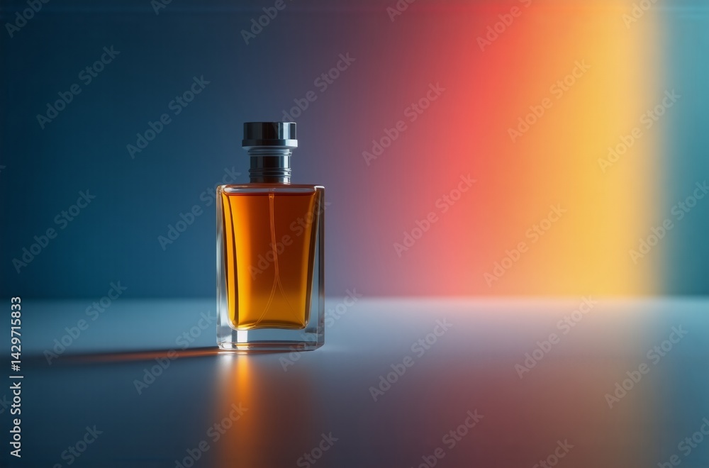 Poster a single amber perfume bottle sits on a reflective surface, illuminated by a vibrant gradient backgr