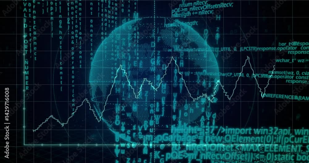 Poster semi-transparent data globe rotating on dark grid interface, showing streaming code and line graph