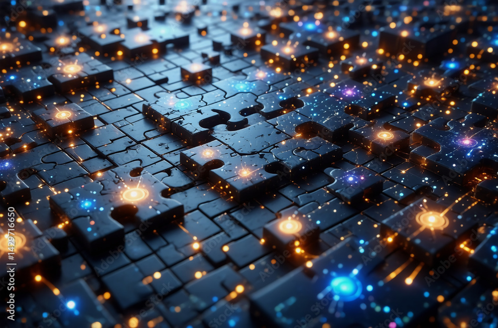 Poster glowing puzzle pieces form a complex, interconnected network, representing a vast system or intricat