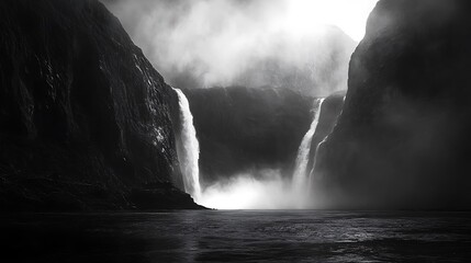 Majestic Waterfalls Flowing Between Rocky Cliffs in Monochrome