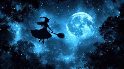 Fototapeta premium Silhouette of a witch flying through a night sky, guided by moonlight.