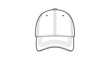 Classic Baseball Cap Technical Fashion Illustration. Structured 6-Panel Hat Vector Template. Front View. Topstitch Details. Adjustable Back Closure. White Color. CAD Mockup.