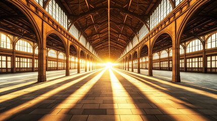 Fototapeta premium Architectural Grandeur: A perspective view of a grand hall bathed in golden light, highlighting its stunning architectural design. capturing the sense of spaciousness and awe.