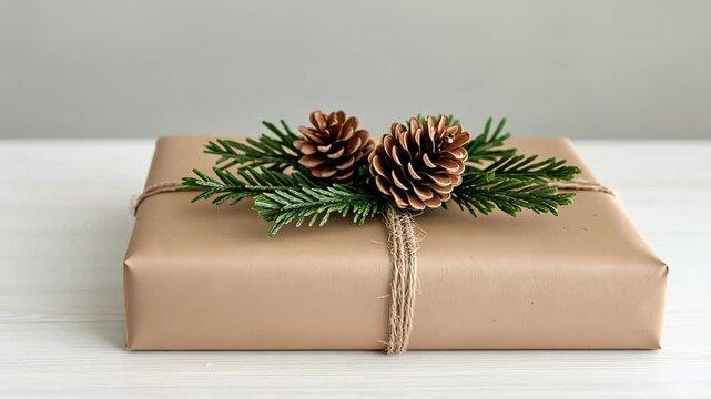 Natural Gift Wrap with Brown Paper Twine Pinecones and Greenery for Elegant Holiday Present Aesthetic in Minimalist Style on Neutral Background