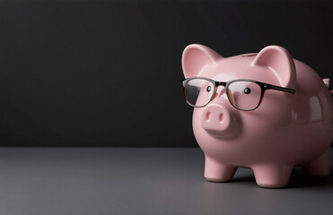 A pink piggy bank wearing glasses, stands against a dark backdrop, representing financial intelligence and thoughtful saving for the future.