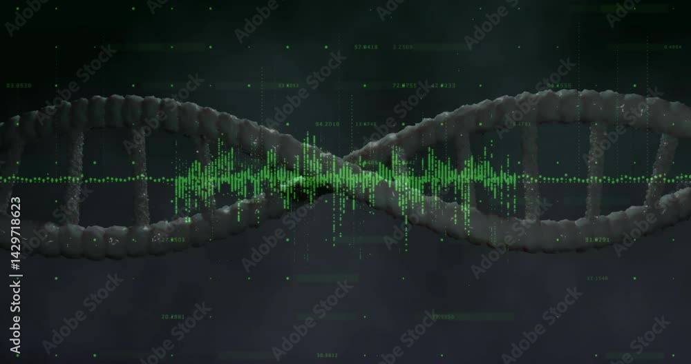 Poster dna double helix twisting across dark space, overlaying green waveform and floating data points
