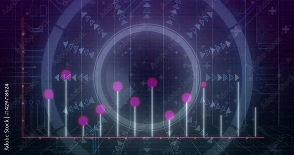 Poster central circular hud showing radial segment on grid, featuring neon-blue bars with magenta nodes