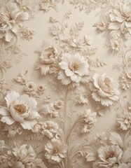 Intricate ecru floral wallpaper, soft neutral tones , subtle pattern, subtle