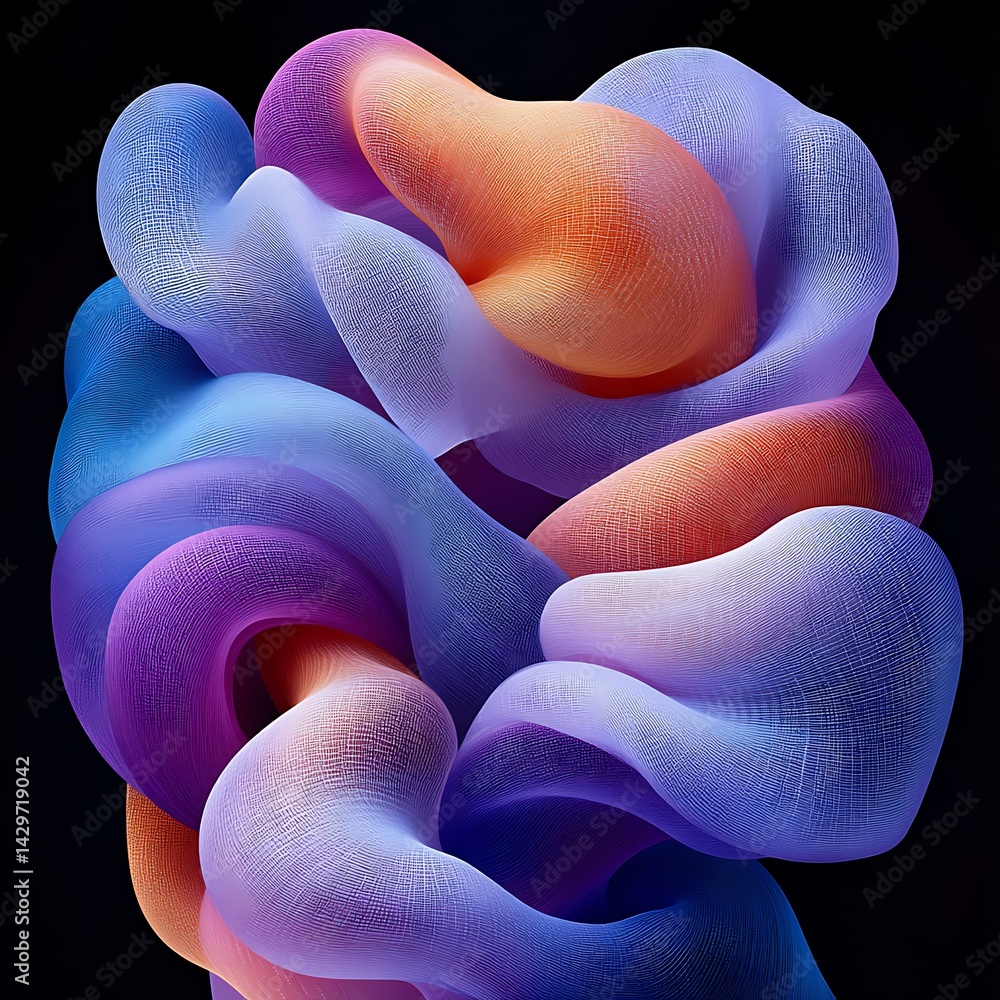 Poster abstract organic forms intertwined in vibrant colors. fluid, flowing shapes create a complex, captiv