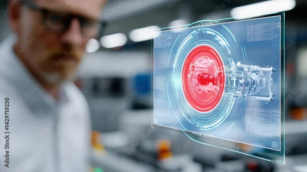 Poster technological precision in action: a focused worker observes a cutting-edge technological display, v