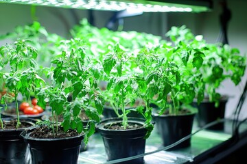 Indoor grown vibrant green tomato seedlings under grow lights, ready for transplanting.