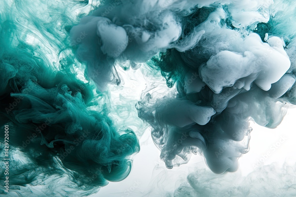 Poster ethereal swirls of blue and green ink blend seamlessly in water. creating a mesmerizing abstract sce