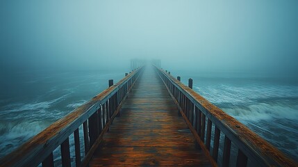 Fototapeta premium A wooden pier disappears into thick fog, representing FOBO, job insecurity, and decision-making fear about the unknown future.
