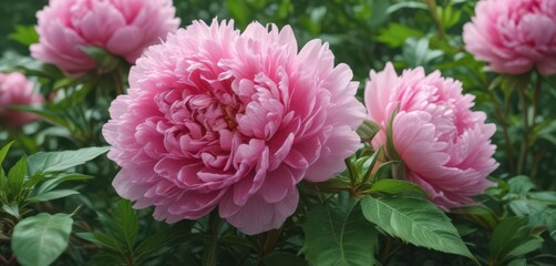 Obraz premium Luscious pink peonies, vibrant green leaves Close-up view , macro, nature