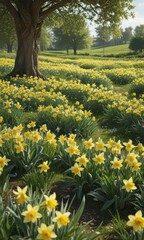 Fototapeta premium Lush green field, abundant daffodils, bright sunny day, beauty, daffodil