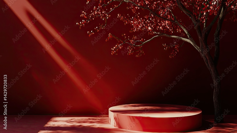 Poster a sleek. modern black circular object positioned on a light gray surface against a vibrant red wall.
