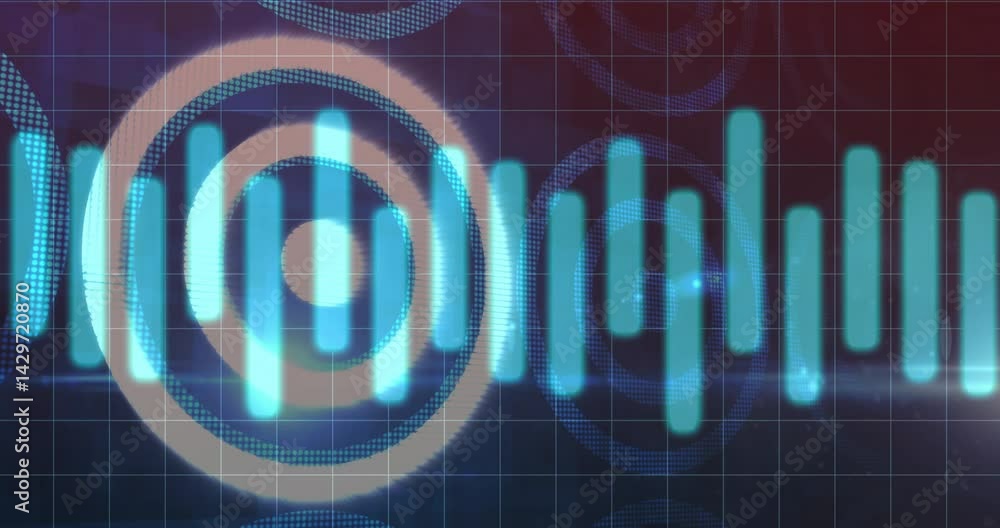 Poster glowing waveform bars being animated over circles, grid and flare artifacts during ui visualization