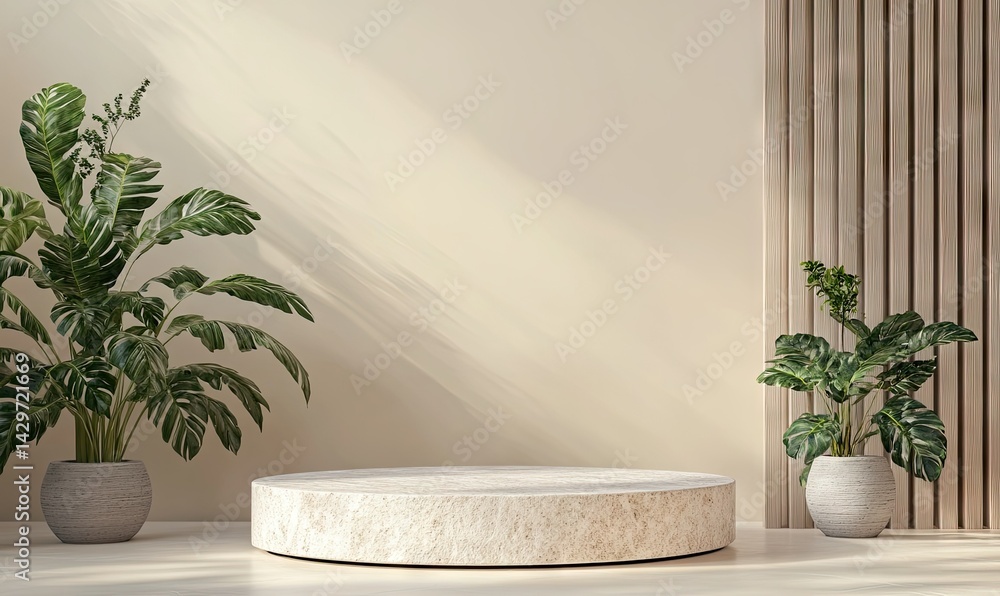Poster a serene indoor setting featuring a circular platform surrounded by lush greenery. perfect for showc