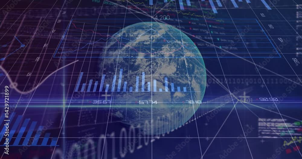 Poster transparent earth globe floating over dark blue data panel, displaying 3d grid charts code overlay