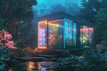 A futuristic glass greenhouse nestled in a tranquil forest at night, illuminated with vibrant neon lights.