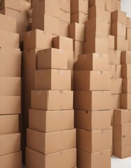 Neatly stacked brown cardboard boxes on white background , simple, craft, dispose