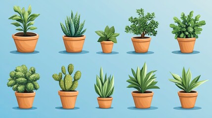 Fototapeta premium Vibrant Green Potted Plants Collection Home Decor Illustrations Beautiful Nature Botanicals Houseplants Greenery Indoor Garden Variety Set Terrace 