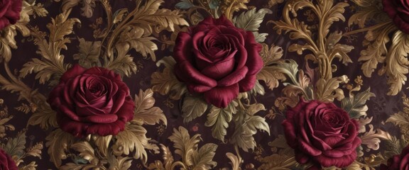 Opulent velvet rose pattern, rich jewel tones, swirling acanthus leaves , elegant, home, fabric