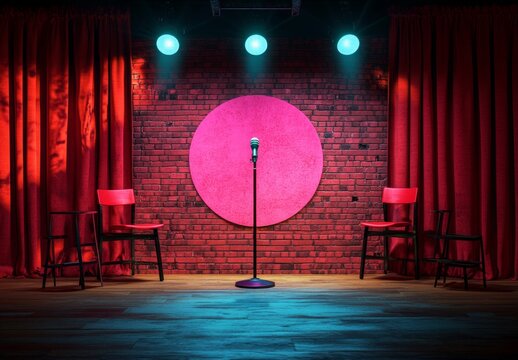 A dimly lit comedy club stage with red curtains and brick backdrop, featuring a microphone and seating
