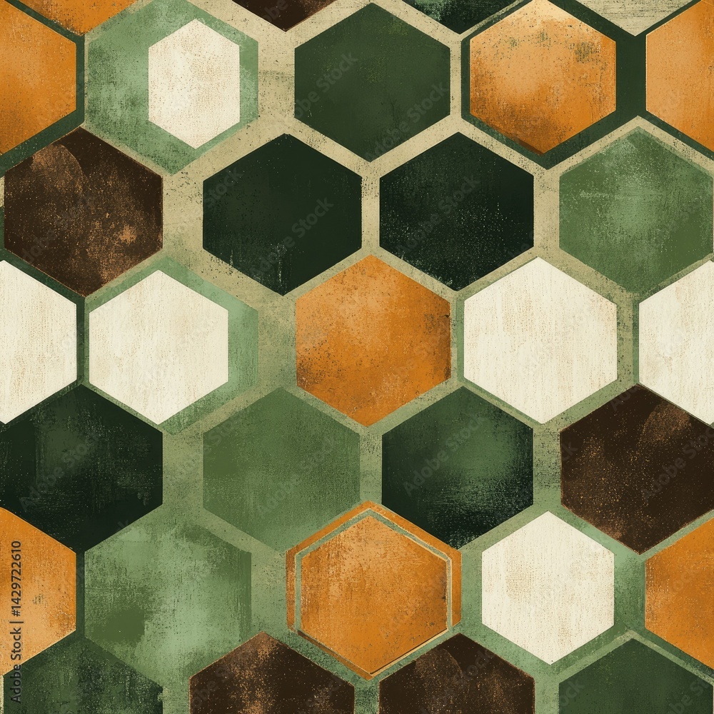 Poster a vibrant. textured pattern of hexagonal tiles in earthy tones of green. brown. and cream. creating 