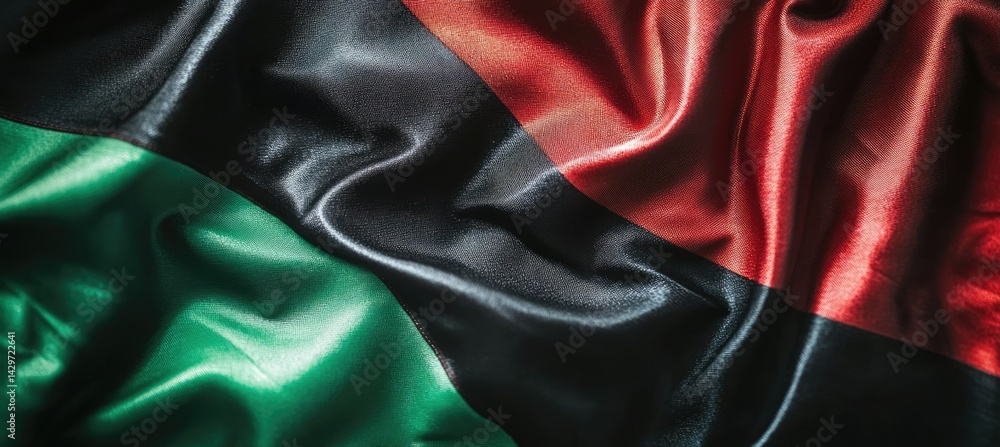 Poster a close-up view of a textured fabric featuring green. black. and red colors. showcasing the intricat