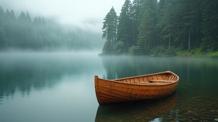 A wooden rowboat floats on a tranquil lake with mysterious fog and pine trees, creating a serene atmosphere for relaxation.