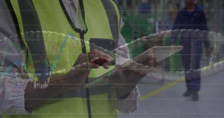Woman tapping tablet while financial line charts and molecular helix hovering over factory floor - Powered by Adobe