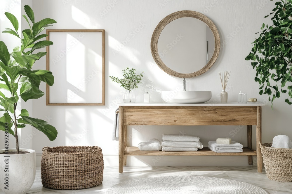 Poster A serene bathroom scene featuring a round mirror above a sleek sink. surrounded by lush greenery and neatly arranged towels. creating a tranquil and inviting atmosphere
