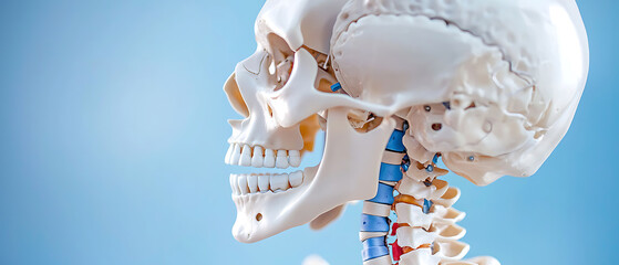 Exploring human anatomy detailed skull model science lab educational content clear blue background side view