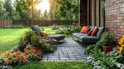Sunlit Backyard Patio with Modern Furniture and Flowers